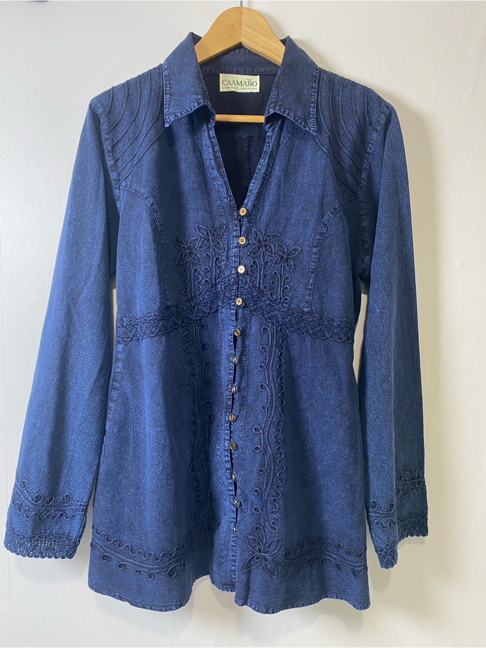 Caamano Limited Edition Embroidered Boho Western Tunic Shirt Blue Medium